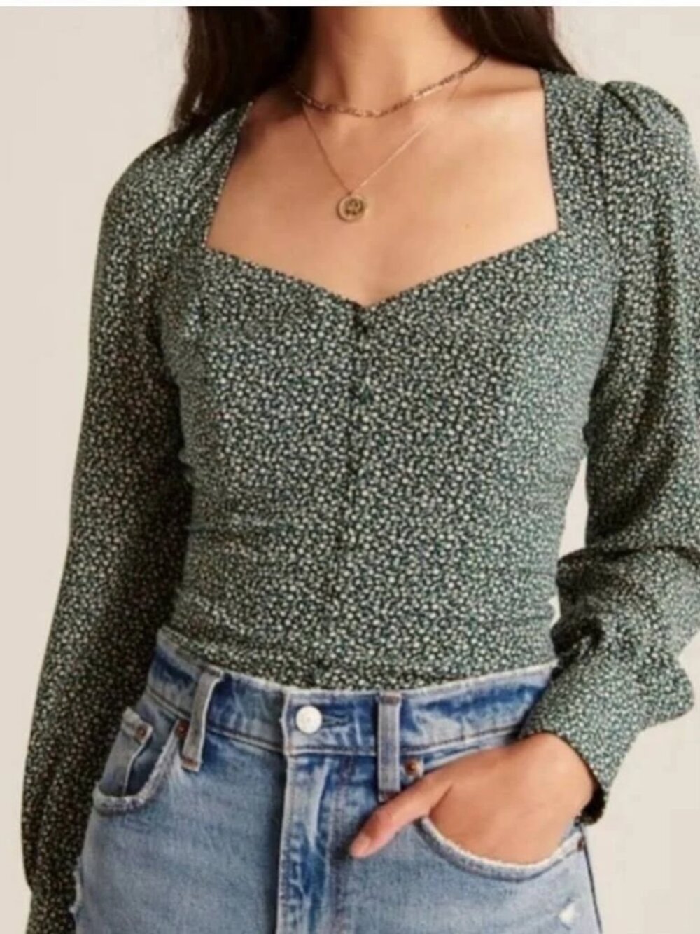 Abercrombie & Fitch NWT Forest Green Ditsy Floral Top Balloon Sleeve Romantic